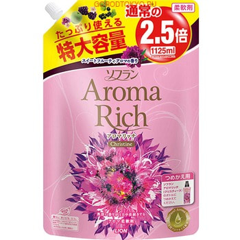 LION Soflan Aroma Rich Christine Кондиционер для белья с пряным фруктовым ароматом, сменная упаковка, 1125 мл. LION Soflan Aroma Rich Christine Кондиционер для белья с пряным фруктовым ароматом, сменная упаковка, 1125 мл.Кондиционеры для белья<br>Сенсационный продукт! Новинка от японской корпорации LION - серия кондиционеров AROMA RICH с натуральными ароматическими маслами! Неповторимая гамма запахов. Для поклонников завораживающих ароматов! <br><br>Верхняя нота: черная смородина, цитрусовые, яблоко <br>Средняя нота: роза, фиалка, жасмин <br>Заключительная нота: ваниль, пачули, сандаловое дерево<br><br> Подходит для смягчения и дезинфекции одежды из хлопка, шерсти и синтетических тканей. В состав вошли натуральные масла, придающие белью женственный цветочный аромат. Кондиционер защищает белье от статического электричества, обладает антибактериальным эффектом. Содержит специальные микроэлементы, которые глубоко проникают в структуру ткани и надежно уничтожают стойкие неприятные запахи. Кондиционер смягчает и расправляет волокна ткани, уменьшая количество складок на одежде. Состав: поверхностно-активные вещества (соль диалкиламмония сложноэфирного типа), ароматические масла.<br>