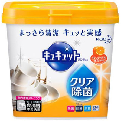 KAO «KyuKyutto» Порошок для посудомоечных машин с дезинфицирующим эффектом лимонной кислоты, с ароматом апельсина, 680 гр. KAO «KyuKyutto» Порошок для посудомоечных машин с дезинфицирующим эффектом лимонной кислоты, с ароматом апельсина, 680 гр.Для посудомоечных машин<br>Порошок для посудомоечных машин с лимонной кислотой очищает Вашу посуду быстро и эффективно. Благодаря уникальному составу, разработанному компанией КАО, средство обволакивает жир, разбивает его на множество мелких частей и мгновенно удаляет с посуды, исключая его повторное прилипание. Ферменты двойного действия отлично справляются с засохшей или пригоревшей пищей, с налетом чая и кофе, следами от губной помады. Лимонная кислота обеспечивает великолепный блеск Вашей стеклянной посуде, является природным смягчителем воды. Средство имеет дезинфицирующий эффект. Подходит для всех видов посудомоечных машин. Новая формула порошка снимает грязь не только с посуды, но также заботится о чистоте посудомоечной машины. <br> Способ применения: в комплект входит мерный колпачок. Если размер машины расчитан на 5-7 человек, то для сильных загрязнений нужно - 9 гр. средства, средних - 6 гр., слабых - 4,5 гр. Не применять: для лакированной, серебрянной, алюминиевой посуды, хрусталя, посуды с позолотой или серебрянным покрытием. Состав: карбонат, сульфат, отбеливатель (перкарбонат натрия), цитрат (смягчитель воды), силикат, поверхностно-активный вещества (полиэфирполиол, сложный эфир сорбитана и жирной кислоты), кремнезем, сополимер малеиновой кислоты, сополимер акриловой кислоты, тетра ацетил этилендиамин, сополимер на основе поликарбоновой кислоты, ароматизатор, фермент.<br>