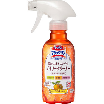 KAO «Magiclean Kitchen deodorant plus – Магия Чистоты» Очищающий спрей для кухни с дезодорирующим и дезинфицирующим эффектом, с освежающим ароматом апельсина, 300 мл. KAO «Magiclean Kitchen deodorant plus – Магия Чистоты» Очищающий спрей для кухни с дезодорирующим и дезинфицирующим эффектом, с освежающим ароматом апельсина, 300 мл.Для кухни<br>Стойкая пенка Мэджик клин удаляет сильные загрязнения с кухонных плит, СВ-печей, духовых шкафов и пола. Густая пенка средства дезинфицирует, великолепно очищает и дезодорирует поверхность, легко впитывается в загрязнение и выводит их наружу, что позволяет без особых усилий удалить пятна. <br> Очиститель удаляет масляные и жирные пятна. Уничтожает стойкие въевшиеся запахи рыбы, подгара и др. Средство обладает освежающим ароматом апельсина. Не использовать: на деревянных поверхностях и мягкой мебели. Способ рименения: распылить средство на выбранную поверхность с расстояния 10 см., затем тщательно смыть средство теплой водой. Для застарелых пятен рекомендуется после нанесения подождать 5 минут. Если наносить пенку с закрытой форсункой, нанесение будет точечным (пенные плюшки) - для малых пятен. Если крышку открыть, то распыление будет широким - для больших поверхностей. Состав: поверхностно-активный компонент (2% алкил аминоксид), щелочной компонент, регулятор пенообразования, ароматизатор.<br>