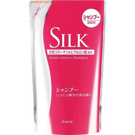 KRACIE Silk Moist Essence Увлажняющий шампунь для волос, c коллагеном и протеинами шёлка, с цветочно-фруктовым ароматом, 350 мл. Сменный блок. KRACIE Silk Moist Essence Увлажняющий шампунь для волос, c коллагеном и протеинами шёлка, с цветочно-фруктовым ароматом, 350 мл. Сменный блок.СРЕДСТВА ПРОТИВ ВЫПАДЕНИЯ ВОЛОС, ДЛЯ УЛУЧШЕНИЯ РОСТА ВОЛОС<br>Увлажняющий шампунь с протеином шелка для укрепления волос с нежным легким цветочным ароматом. Предназначен специально для выпадающих, сухих и ломких волос. Шампунь укрепляет волосяные фолликулы, препятствует выпадению и способствует росту новых волос. Обеспечивает волосам шелковистый блеск и красивый вид в течение дня. В состав шампуня включены компоненты, не повреждающие белковую структуру волос, обладающие исключительно мягким моющим действием. Содержит натуральный коллаген, который увлажняет, питает, сохраняет необходимую влагу в волосах и восстанавливает поврежденные участки. Шампунь повышает силу и прочность волос, делает их более сильными, блестящими и объемными. *Рекомендовано применять шампунь с кондиционером SILK для сухих волос. СПОСОБ ПРИМЕНЕНИЯ: нанести шампунь на влажные волосы, вспенить и тщательно смыть теплой водой. При необходимости процедуру повторить. Состав: КОЛЛАГЕН, САЛИЦИЛОВАЯ КИСЛОТА, ВОДА, сульфат натрия, лаурилполиоксиэтиленсульфат натрия, триэтаноламинлаурилсульфат, натрия ПЭГ-4 кокамид сульфат, кокамид МЭА, поликватерниум-10, поликватерниум-7,кокамидопропилбетаин, натрия кокоамфоацетат, гиалуронат натрия, динатрия ЭДТА, феноксиэтанол, метилпарабен, аромат.<br>