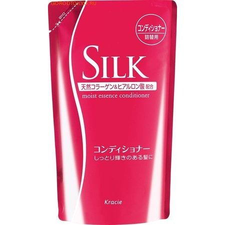 KRACIE Silk Moist Essence Увлажняющий кондиционер для волос, c коллагеном и протеинами шёлка, с цветочно-фруктовым ароматом, 350 мл. Сменный блок. KRACIE Silk Moist Essence Увлажняющий кондиционер для волос, c коллагеном и протеинами шёлка, с цветочно-фруктовым ароматом, 350 мл. Сменный блок.СРЕДСТВА ПРОТИВ ВЫПАДЕНИЯ ВОЛОС, ДЛЯ УЛУЧШЕНИЯ РОСТА ВОЛОС<br>Увлажняющий кондиционер с протеином шелка для укрепления сухих и ломких волос. Кондиционер повышает способность волос удерживать влагу, укрепляет волосяные фолликулы, препятствуя выпадению волос и способствуя их росту. Обеспечивает шелковистый блеск и красивый вид в течение дня. Содержит натуральный коллаген, который увлажняет и питает, сохраняет необходимую влагу в волосах, восстанавливает структуру поврежденных волос, повышая их силу и эластичность, улучшает упругость, а также уплотняет волосы, делая их более сильными, придает восхитительный блеск. Минеральное масло выполняет регенерирующие действия на поврежденных участках, придает волосу тонус и упругость, облегчает расчесывание, придает легкость. В состав включены компоненты, не повреждающие белковую структуру волос, обладающие исключительно мягким моющим действием. <br> Рекомендовано применять с шампунем SILK для сухих волос. СПОСОБ ПРИМЕНЕНИЯ: после мытья головы шампунем, нанести кондиционер на чистые влажные волосы, оставить на 3-5 мин, затем смыть водой. Состав: КОЛЛАГЕН, МИНЕРАЛЬНОЕ МАСЛО, ЛИМОННАЯ КИСЛОТА, КАСТОРОВОЕ МАСЛО, ПАРАФИН, ВОДА, цетиариловый спирт, бегениловый спирт, дифенил спирт, дифентримониум хлорид, диметикон, глютамат натрия, спирт, цетримония хлорид, метилпарабен, гидрокси этилцеллюлоза, лаурет-23, аромат.<br>