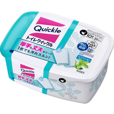 KAO «Quick Le Toilet» Дезодорирующие салфетки для уборки туалета, с ароматом мяты, плотные, растворимые в воде, размер: 31 см. на 24,5 см., коробка - 10 шт. KAO «Quick Le Toilet» Дезодорирующие салфетки для уборки туалета, с ароматом мяты, плотные, растворимые в воде, размер: 31 см. на 24,5 см., коробка - 10 шт.Салфетки из микрофибры и других высокотехнологичных материалов<br>Серия Quick Le Toilet - надежная чистота! -Салфетки обладают свежим ароматом ментола, который моментально устраняет неприятные запахи в туалетной комнате. -Изготовлены из плотного материала и предназначены для дезинфекции и эффективного удаления загрязнений с внутренней и наружной поверхностей унитаза, сиденья, крышки унитаза и сливного бочка. -Также подходят для очищения пола, быстрой и качественной чистки других поверхностей: кафеля, раковин, сантехники, деревянных и пластиковых поверхностей, стекла, зеркал и т. п. -Обладают антибактериальным эффектом. -Салфетки бережно и тщательно удаляют самые сложные загрязнения, не повреждая поверхности. Отлично впитывают воду и не оставляют разводов. -Быстрая и качественная уборка туалета! -После уборки, использованные салфетки можно смыть в унитаз, так как они легко растворятся в воде. СПОСОБ ПРИМЕНЕНИЯ: открыть упаковку, взять необходимое количество салфеток. Затем крепко закрыть крышку, чтобы предотвратить высыхание салфеток. Тщательно протереть загрязненную поверхность. Состав: поверхностно-активные вещества (алгил глиозиды), спирт, эфиры гликолей, стабилизаторы, стерилизующие добавки.<br>