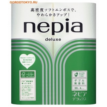 NEPIA Туалетная бумага двухслойная Nepia Deluxe без аромата, 4 рулона по 30 метров. NEPIA Туалетная бумага двухслойная Nepia Deluxe без аромата, 4 рулона по 30 метров.Туалетная бумага<br>Особая мягкость бумаги Nepia Deluxe достигается благодаря применению уникальной технологии двухстороннего мягкого тиснения. Не слоится и не оставляет ворса. Дарит комфорт и свежесть. Легко отрывается в нужном месте, быстро и без последствий растворяется в воде. Отлично впитывает влагу, поэтому рекомендуется использовать так же и поcле посещения биде. Сертификат FSC СО181118 подтверждает, что компания Oji Nepia является ответственным лесопользователем (использует для производства только возобновляемое лесное сырье со специальных плантаций). Сертификат Всеяпонской Ассоциации Биопластика №144 подтверждает, что компания Oji Nepia использует для упаковки пластик из биоматериалов (при попадании в природу разлагается на биологические компоненты). Состав: натуральная 100%-я целлюлоза.<br>