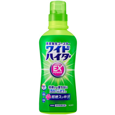 KAO «Wide Haiter EX Power» Жидкий концентрированный кислородный пятновыводитель для цветного белья, 600 мл. KAO «Wide Haiter EX Power» Жидкий концентрированный кислородный пятновыводитель для цветного белья, 600 мл.Удаление стойких загрязнений<br>EX Power является безусловным лидером на японском рынке. <br> Подходит для белого и цветного белья (хлопок, лен, синтетика, шерсть, шелк). Безопасен для цветных тканей. Обеспечивает белизну белых вещей и придает яркость цветным. <br> Эффективно удаляет загрязнения и убивает микробы в холодной воде. <br> Стирка в холодной воде позволяет носить любимые вещи дольше и экономит время стирки и электроэнергию. <br> Удаляет даже въевшиеся загрязнения . Для стойких загрязнений рекомендуем использовать теплую воду (но не выше 60 градусов). <br> Обладает длительным антибактериальным и дезодорирующим эффектом. Глубоко проникает в волокна тканей и устраняет загрязнения и бактерии, вызывающие неприятный запах. Можно использовать как на отдельных загрязненных участках, так и добавлять во время стирки в стиральной машине. Не содержит агрессивных химикатов (например хлор), имеет нежный аромат. Состав: 15-30% неионогенные ПАВ, <5% кислородный отбеливатель, катионные ПАВ, стабилизатор, отдушка.<br>