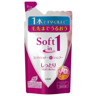 LION Soft In One Смягчающий шампунь с кондиционером с экстрактом морских водорослей, 380 мл., сменная упаковка. LION Soft In One Смягчающий шампунь с кондиционером с экстрактом морских водорослей, 380 мл., сменная упаковка.ДЛЯ НОРМАЛЬНЫХ ВОЛОС<br>Шампунь с кондиционером создает густую, обильную пену, бережно моет волосы, питает и увлажняет их, а кондиционирующий состав с минералами укрепляет волосы, восстанавливает их природную эластичность и объем. Шампунь содержит вытяжку из морских водорослей, которые содержат соли калия, магния, натрия, цинка, железа, а также аминокислоты и полисахариды, протеины и незаменимые жирные кислоты, витамины-антиоксиданты Е, C и каротин. Этот комплекс ценных биологически активных веществ стимулирует кровообращение и процесс обновления клеток, восстанавливает защитные механизмы, регулирует кислотно-щелочной и водный балансы, что значительно улучшает состояние кожи головы и корней волос, а аминокислоты и полисахариды водорослей, входящие в состав шампуня, способствуют восстановлению эластичности и блеска поврежденных волос. Шампунь придает волосам природный блеск, облегчает расчесывание и укладку, а также обладает приятным цветочно-фруктовым ароматом. Состав: вода, этанол, сорбит, PG, ароматизаторы, касторовое масло, лимонная кислота, сополимеры, бензонат натрия, экстракты морских водорослей.<br>