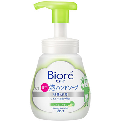 KAO «Biore U - Foaming Hand Soap Citrus» Мыло-пенка для рук с ароматом сочных цитрусовых фруктов, 250 мл. KAO «Biore U - Foaming Hand Soap Citrus» Мыло-пенка для рук с ароматом сочных цитрусовых фруктов, 250 мл.Жидкое мыло для рук<br>Воздушное мыло-пенка с бактерицидными и лекарственными ингредиентами отлично удаляет грязь и нежелательные запахи с рук. Содержит натуральные компоненты, смягчающие кожу и придающие ей бархатистость. При нажатии средство выходит в виде пышной пенки, удобно и экономично в использовании. Мелкозернистая пена прекрасно очищает и увлажняет кожу, сохраняя при этом её естественный баланс. Средство имеет мягкий аромат цитрусовых, обладает слабой кислотностью, поэтому безопасно для кожи малышей, подходит для ежедневного применения вместо традиционного мыла. Способ применения: нанести небольшое количество мыла на руки, вспенить, смыть водой. Состав: триклозан, вода, лаурет сульфат натрия, пропиленгликоль, лауриловый эфир уксусной кислоты, глицерин, полиглицерил лауриновой кислоты, DL-яблочная кислота, бензоат, эдетат соль, раствор гидроксида натрия, отдушка.<br>