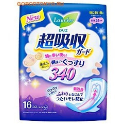 KAO «Laurier superabsorbent guard 340» Ночные супервпитывающие прокладки, с крылышками, длина 34 см., 16 шт. KAO «Laurier superabsorbent guard 340» Ночные супервпитывающие прокладки, с крылышками, длина 34 см., 16 шт.Ночные гигиенические прокладки<br>Мягкие и комфортные прокладки анотомической формы подарят Вам чувство надёжности во время ночного сна. Верхний слой прокладок моментально впитывает выделения. Увеличенная длина прокладок и надёжные бортики вдоль краёв предотвратят протекание. Даже при обильных выделениях положитесь на Laurier! Состав: полиэтилен, полипропилен, полиэфир.<br>