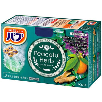 KAO «Bab Peaceful Herbs - Травы мира» Соль для ванны в таблетках, 4 аромата, 40 гр х 12 шт. KAO «Bab Peaceful Herbs - Травы мира» Соль для ванны в таблетках, 4 аромата, 40 гр х 12 шт.Для принятия ванны: соль для ванны, молочко, пена<br>Соль для ванны в шипучих таблетках имеет оздоравливающий эффект. Диоксид углерода - компонент, присутствующий во всех горячих источниках, - сохраняет тело теплым на несколько часов, улучшает циркуляцию крови, ткани начинают лучше снабжаться кислородом. Соль для ванны прекрасно снимает усталость, имеет согревающий эффект, помогает расслаблению мышц в шейном отделе позвоночника. Оказывает благотворное действие при остеохондрозе, заболеваниях опорно-двигательного аппарата, невралгии, ревматизме, болях в пояснице, геморрое, потнице, обморожении, сухости кожи, экземе, акне. Соль для ванны Bab Peaceful Herbs подарит вам гармонию любимых во всём мире растений: <br><br> таблетка травяного цвета - это аромат эвкалипта;<br>фиолетовая таблетка - это аромат лаванды;<br>таблетка свежего зеленого - это аромат бергамота;<br> изысканный розовый - это аромат жасмина.<br><br>Способ применения: растворите 1 таблетку в горячей воде (150-200 л) и принимайте ванну в течение 15-20 минут. Благотворное воздействие углекислого газа сохраняется даже при исчезновении пузырьков. Можно использовать для детских ванн. Состав: бикарбонат Na +, карбонат Na +, карбонат Ca, фумаровая кислота, PEG6000, декстроза, оксид магния, изопропилмиристат, сложный эфир сахарозы и жирной кислоты, глицин, аромат.<br>