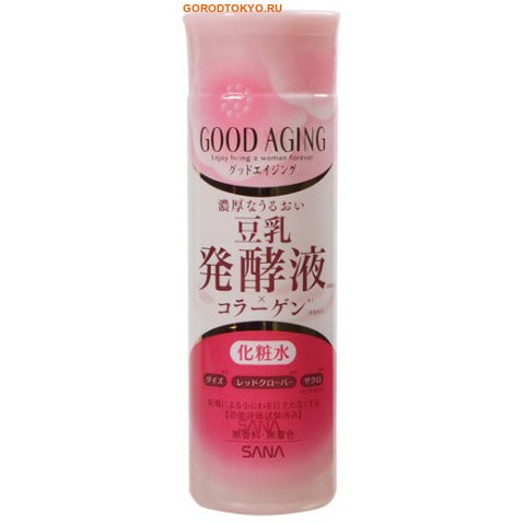 SANA GOOD AGING LOTION Yвлажняющий и подтягивающий лосьон для зрелой кожи, 180 мл. SANA GOOD AGING LOTION Yвлажняющий и подтягивающий лосьон для зрелой кожи, 180 мл.АНТИВОЗРОСТНОЙ УХОД (ОТ З0-ТИ ЛЕТ И СТАРШЕ)<br>Увлажняющий и подтягивающий лосьон идеально подходит для ухода за зрелой кожей (старше 50 лет). Интенсивно увлажняет и питает кожу, заметно разглаживает морщины, уменьшает пигментные пятна и позволяет коже выглядеть молодой и отдохнувшей. Активные компоненты: <br><br>Изофлавоны, полученные из соевых бобов и красного клевера - это натуральные фитоэстрогены. Эффективно улучшают состояние кожи, придают ей ровный цвет и сияющий вид, делают упругой и гладкой, уменьшают глубину морщин. Способствуют удержанию влаги в коже.<br>Экстракт граната благодаря содержанию мощного антиоксиданта - эллаговой кислоты - разглаживает морщины и препятствует преждевременному старению кожи. Увлажняет сухую, уставшую и потерявшую свой здоровый цвет кожу, питает ее, смягчает и придает эластичность. <br>Коллаген и гиалуроновая кислота увлажняют и придают коже упругость.<br>Церамиды сохраняют баланс влаги в эпидермисе, препятствуют фотостарению и возникновению мелких морщин; выравнивают цвет лица; повышают эластичность, тонус и упругость кожи.<br><br> Не содержит консервантов, красителей и отдушек. Способ применения: нанесите на очищенную кожу лица после умывания. Используйте утром и вечером. Для достижения лучшего результата используйте в сочетании с увлажняющим и подтягивающим кремом линии GOOD AGING. Состав: вода, глицерин, BG, ферментированное соевое молоко, экстракт соевых бобов, экстракт плодов граната, экстракт клевера полевого, гидрогенизированный коллаген, гиалуроновая кислота, церамиды-2, сквален, акриловая кислота, PEG-32, карбомер, лимонная кислота, натрия цитрат, поликватерниум-52, эфир полиоксиэтиленовой жирной кислоты - 60, лецитин, метил глюцет -20, гидроксид калия, гидроксид натрия, гидрированный лецитин, феноксиэтанол, метилпарабен.<br>