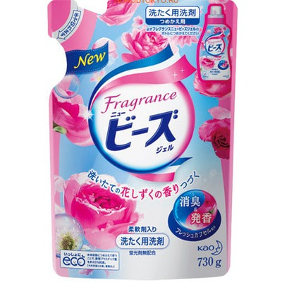 KAO New Beads Fragrance Gel Мягкий гель для стирки белья, с ароматом розовых цветов, запасной блок, 730 г. KAO New Beads Fragrance Gel Мягкий гель для стирки белья, с ароматом розовых цветов, запасной блок, 730 г.Жидкие средства для стирки<br>Средство предназначено для стирки изделий из хлопка, льна и синтетических тканей. Прекрасно отстирывает загрязнения. Благодаря включенному в состав геля кондиционеру, придает белью мягкость, сохраняя структуру ткани и ее цвет. Предотвращает потемнение и пожелтение. Гель легко смывается, поэтому можно обойтись без функции дополнительного полоскания в стиральной машине. Не содержит флюоресцентных веществ, поэтому после стирки сохраняется первоначальный цвет ткани. Гель обладает приятным запахом розы и ландыша, придает одежде легкий аромат качественного парфюма. Способ применения: добавьте необходимое количество средства согласно таблице на обороте упаковки. Состав: поверхностно-активное вещество (27%, полиоксиэтиленовые алкиловые эфиры, линейная система бензол алкил), стабилизатор.<br>