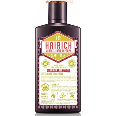 HAIRICH VEDACELL HAIR THERAPY Кондиционер для волос, 340 мл. HAIRICH VEDACELL HAIR THERAPY Кондиционер для волос, 340 мл.СРЕДСТВА ПРОТИВ ВЫПАДЕНИЯ ВОЛОС, ДЛЯ УЛУЧШЕНИЯ РОСТА ВОЛОС<br>Серия VEDACELL HAIR THERAPY содержит запатентованный комплекс растительных экстрактов (зеленый чай, имбирь, сосна, аир, хна, японский кипарис, арроурут, якорцы, амла), который препятствует выпадению, укрепляет и стимулирует рост волос. 5 видов аюрведических масел (кокоса, оливы, тыквенных семечек, подсолнечника) успокаивают, охлаждают кожу головы и придают волосам здоровое сияние. Все средства серии обладают приятным ароматом, который позволяет расслабиться и снимает накопленный за день стресс. Кондиционер интенсивно питает волосы, восстанавливает их природную силу и эластичность. Средство придает блеск и объем ослабленным волосам. Не содержит силиконы. <br> Применение: равномерно нанесите необходимое количество средства на вымытые волосы. Помассируйте, затем тщательно смойте. <br>Состав: Water, Cetearyl Alcohol, Behentrimonium Chloride, Polyquaternium-7, Steartrimonium Chloride, Butylene Glycol, Glyceryl Stearate SE, Salicylic Acid, Panthenol, Guar Hydroxypropyltrimonium Chloride, Niacinamide, Lawsonia Inermis (Henna) Leaf Extract, Acorus Calamus Root Extract, Capsicum Annuum Fruit Extract, Citric Acid, Disodium EDTA, Potassium Sorbate, Fragrance.<br>
