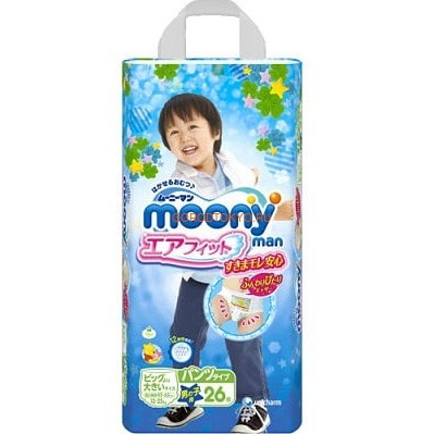 Moony Японские трусики для мальчиков BOY XXL (13-25 кг), 26 шт. Moony Японские трусики для мальчиков BOY XXL (13-25 кг), 26 шт.Японские трусики<br>Удобные и комфортные японские трусики сделаны из нежного гипоаллергенного материала, полностью впитывающего в себя влагу и прекрасно пропускающего воздух. Предотвращают появления опрелостей. Попка ребенка всегда остается сухой. Удобная лента на бедрах и талии обеспечивает надежную фиксацию, специальные блокирующие бортики защищают от протекания, резинка на поясе позволяет легко надевать и снимать трусики, не ограничивает движения ребенка. Индикатор вовремя подскажет, когда менять подгузник.<br>