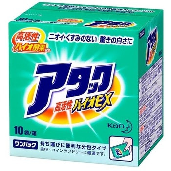 KAO Attack Bio EX Высокоэффективный стиральный порошок, с цветочно-травяным ароматом, 10 пакетиков по 27 гр. KAO Attack Bio EX Высокоэффективный стиральный порошок, с цветочно-травяным ароматом, 10 пакетиков по 27 гр.Стиральные порошки<br>Стиральный порошок KAO предназначен для стирки белья из хлопка, льна и синтетических волокон, обладает уникальной моющей способностью благодаря биологически активным ферментам, входящим в состав порошка. Частицы порошка очень быстро растворяются в воде и прекрасно вымываются при однократном полоскании, благодаря специальным разработкам КАО. Вы экономите электроэнергию, время и воду. Натуральный смягчитель жесткости воды способствует тому, что краски на вещах не линяют и минеральные остатки в тканях не остаются, вещи сохраняют прежний вид. За одну стирку отстирывает большое количество белья, удаляя загрязнения и запахи с воротников и манжет! Входящие в состав оптические отбеливатели эффективно и деликатно отстирывают и выводят трудновыводимые пятна без изменения структуры ткани и цвета. Не застирывает белье. Более эффективен при температуре 30-40 градусов. После стирки белье приобретает приятный аромат фруктового мыла. Порошок очень экономичен в использовании. В удобной упаковке. Способ применения: для стирки в стиральной машине с помощью дозатора добавьте необходимое кол-во средства в воду (из расчета 30 л воды ; 25 г). Для ручной стирки на 4 л воды требуется одна чайная ложка (3 г). Состав: поверхностно-активные вещества (22% линейный алкилбензолсульфонат натрия, полиоксиэтилен-алкиловый эфир), щелочной агент (карбонат), смягчитель воды (алюмосиликат), сульфат, диспергирующие агенты, флуоресцентные отбеливающие агенты, ферменты, ароматизатор.<br>
