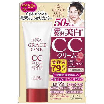 KOSE Cosmeport Grace One Увлажняющий СС-крем для лица с гиалуроновой кислотой и коллагеном, для кожи после 50 лет, UV SPF50 +, 50 г. KOSE Cosmeport Grace One Увлажняющий СС-крем для лица с гиалуроновой кислотой и коллагеном, для кожи после 50 лет, UV SPF50 +, 50 г.CC-КРЕМЫ (NEW), ВВ-КРЕМЫ И ВВ-ПУДРЫ !!!<br>Увлажняющий СС-крем Grace One ; это многофункциональное средство для ухода за зрелой кожей (50+). Одновременно сочетает в себе свойства увлажняющего крема, тонального флюида и солнцезащитной эмульсии. Совершенствует и выравнивает цвет лица, подстраивается под естественный тон кожи, интенсивно увлажняет, стимулирует естественную защиту кожи от УФ-лучей. Средство активно борется с обезвоживанием кожи, содержит 3 вида гиалуроновой кислоты, 3 типа коллагена для поддержания молодости и красоты кожи. Содержит астаксантин, экстракты томата, красного вина, розы и шиповника, которые обеспечивают необходимый уровень антиоксидантной защиты и замедляют процессы старения. В результате кожа выглядит свежей, сияющей и подтянутой. Способ применения: кончиками пальцев нанести небольшое количество крема на кожу лица и равномерно распределить по всей поверхности. Состав: вода, циклометикон, октилпальмитат, глицерин, этанол, этилгексил метоксициннамат, бутиленгликоль, неопентилгликоль дикапрат, диметикон, лаурил ПЭГ-9, диметикон, ПЭГ-9 полидиметилсилоксан диметикон, астаксантин, розовое масло, экстракт цветов розы, токоферол, экстракт томата, гиалуроновая кислота, экстракт красного вина, гидролизованный коллаген, гиалуроновая кислота, водорастворимый коллаген, сквалан, сорбитансесквиолеат, тальк, глицерин, хлорид натрия, этилпарабен, салициловая кислота, феноксиэтанол, пропилпарабен, метилпарабен, отдушка, оксид цинка, оксид железа.<br>