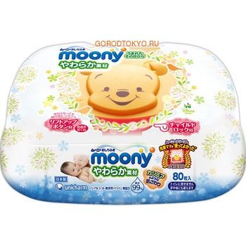 Unicharm «Moony» Детские влажные салфетки, мягкие, 80 шт. Unicharm «Moony» Детские влажные салфетки, мягкие, 80 шт.Влажные салфетки<br>Влажные салфетки для детей мягкими и нежными прикосновениями легко удаляют загрязнения с кожи малыша одним движением. Благодаря новому трехслойному материалу влажные салфетки эффективно и деликатно очищают кожу малыша, сохраняют влажность и естественный баланс кожи. Эластичный слой-подушечка расположен между двумя тонкими мягкими, словно кашемир, слоями и пропитан очищающим лосьоном, который прекрасно увлажняет и защищает кожу. Лосьон имеет нейтральный уровень pH, не содержит ароматизаторов и спирта. Способ применения: используйте влажные салфетки для очищения кожи малыша, при смене подгузника. Достаньте салфетку и аккуратно протрите область промежности малыша, затем наденьте новый подгузник. Салфетки также можно использовать для кожи рук и тела. Состав: вода, PG, бензойная кислота, полиаминопропил бигуанид, йодопропинил бутилкарбамат, хлорид бензалкония, ЭДТА-2Na.<br>