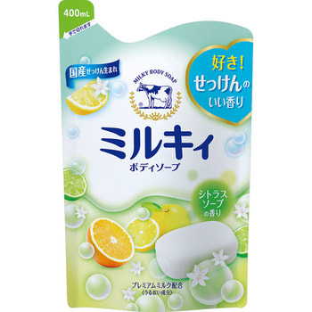 COW «Milky» Жидкое пенное мыло для тела c керамидами и молочными протеинами, с цитрусовым ароматом, запасной блок, 400 мл. COW «Milky» Жидкое пенное мыло для тела c керамидами и молочными протеинами, с цитрусовым ароматом, запасной блок, 400 мл.Гели для душа, жидкое крем-мыло<br>Густая пена мягко очищает и надолго сохраняет кожу увлажнённой после приёма ванны. Аминокислоты природного шёлка глубоко проникают в ороговевший слой кожи и прочно удерживают влагу, интенсивно увлажняют и предотвращают шелушение и сухость. Молочная эссенция обладает значительно выраженным увлажняющим эффектом: сохраняет баланс влаги в клетках кожи, что делает ее нежной и гладкой на ощупь. Мыло обладает сочным цитрусовым ароматом. Способ применения: нанесите на влажную кожу, помассируйте и смойте водой. Состав: вода, миристат калия, пальмитат калия, лаурат калия, хлорид калия, кокамид моноэтаноламин, дистеарат, сфингомиелин, обезжиренное молоко, гидролизованный казеин, молочный жир, лактоза молока, отдушка, глицерин, ПЭГ-75, ПЭГ-9M, EDTA-2Na, метилпарабен, пропилпарабен.<br>