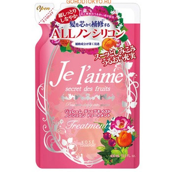 KOSE Cosmeport «Je laime» Тритмент для сухих и окрашенных волос «Глубокое увлажнение», с коллагеном и абрикосовым маслом, без силикона, с фруктово-цветочным ароматом, запасной блок, 400 мл. KOSE Cosmeport «Je laime» Тритмент для сухих и окрашенных волос «Глубокое увлажнение», с коллагеном и абрикосовым маслом, без силикона, с фруктово-цветочным ароматом, запасной блок, 400 мл.СРЕДСТВА БЕЗ СИЛИКОНА - КЛАСС ПРЕМИУМ!<br>Тритмент интенсивно увлажняет и восстанавливает структуру волос, делает их послушными и эластичными, формирует защитную пленку на волосах благодаря высокому содержанию растительных экстрактов. Содержит питательные элементы для ухода за кожей головы. Гиалуроновая кислота оказывает благотворное воздействие на волосы, насыщает их влагой и восстанавливает естественный баланс. Экстракт гибискуса, масло виноградных косточек, абрикосовое масло проникают в поврежденные участки волос и заполняют повреждения, в результате чего волосы становятся гладкими и шелковистыми. Волосы приобретают жизненную силу, естественный блеск, приятный фруктово-цветочный аромат и свежесть. Способ применения: после применения шампуня нанесите небольшое количество тритмента на кожу головы и волосы, равномерно распределите по всей длине. Оставьте на 10 минут, затем тщательно промойте волосы теплой водой. Состав: вода, вазелин, цетеариловый спирт, хлорид дистеарилдимониум, абрикосовое масло, гидролизованный коллаген, экстракт цветков календулы, токоферол, экстракт гибискуса, гиалуроновая кислота, масло виноградных косточек, персиковое масло, розовая вода, бутиленгликоль, ПЭГ-10 гидрогенизированное касторовое масло, изопропанол, стеарат глицерина, бегеновый спирт, бегентримониум хлорид, поликватерниум-39, фосфорная кислота, бензоат натрия, парфюмерная отдушка.<br>