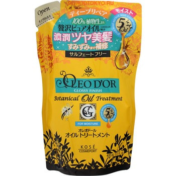KOSE Cosmeport «Oleo Dor» Тритмент для сухих, ломких волос «Блеск и увлажнение», на основе пяти видов масел, без силикона, с фруктово-цветочным ароматом, запасной блок, 400 мл. KOSE Cosmeport «Oleo Dor» Тритмент для сухих, ломких волос «Блеск и увлажнение», на основе пяти видов масел, без силикона, с фруктово-цветочным ароматом, запасной блок, 400 мл.СРЕДСТВА БЕЗ СИЛИКОНА - КЛАСС ПРЕМИУМ!<br>Тритмент содержит ценные аминокислоты, которые разглаживают структуру поврежденных и сухих волос и наполняют волосы влагой от корней до самых кончиков. Тщательно подобранные с учетом особенностей сухих волос 100% натуральные растительные масла питают волосы, придают им естественный здоровый блеск и эластичность. Тритмент не содержит SLS, спирта и сырья животного происхождения. Обладает свежим фруктово-цветочным ароматом. Способ применения: используйте на чистые влажные волосы. Перед нанесением тритмента слегка отожмите с волос влагу, нанесите необходимое количество тритмента по всей длине волос, затем тщательно промойте водой. Состав: вода, пропиленгликоль, триглицериды каприлик/каприк, цетеариловый спирт, диметикон, изопропилмиристат, абрикосовое масло, масло периллы, токоферолы, масло виноградных косточек, масло семян жожоба, бутиленгликоль, ЭДТА-2Na, изопропанол, лимонная кислота, цитрат натрия, дистеарилдимониум хлорид, дилауроил лизин глутамат натрия, сквалан, бензиловый спирт, метилпарабен, ароматизатор.<br>