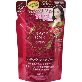 KOSE Cosmeport «Grace One» Шампунь для волос «Упругость и сияние» для кожи после 50 лет, без силикона, с ароматом роз и фруктов, запасной блок, 330 мл. KOSE Cosmeport «Grace One» Шампунь для волос «Упругость и сияние» для кожи после 50 лет, без силикона, с ароматом роз и фруктов, запасной блок, 330 мл.АНТИВОЗРАСТ<br>Антивозрастной шампунь Grace One предназначен для волос с проблемой старения. Обладает мягким очищающим действием. Благодаря натуральным растительным экстрактам хорошо смягчает волосы и придает великолепный блеск и упругость. В шампуне с ароматом роз и ванили присутствует витамин Е, который оказывает антиоксидантное действие. Благодаря мягкой формуле, шампунь можно использовать каждый день. Способ применения: нанести шампунь на влажные волосы, помассировать, смыть водой. Состав: вода, олефины (C14-16) сульфонат Na, кокамидопропилбетаин, ППГ-2 кокамид, кокоил метил таурином Na, этанол, глицерин, масло арганы, гидролизованный коллаген AMPD, розовое масло, экстракт кожуры граната, аскорбил дипальмитат, Centifolia цветок, токоферол, экстракт коры, Б., ЭДТА-2Na (метакриловой кислоты этиловый бетаин / акрилатов) сополимеры, лимонная кислота, глутаминовая кислота, поликватерний -10, лактат, этилпарабен, салицилат, пропилпарабен, метилпарабен, бензоат Na, парфюмерная отдушка.<br>