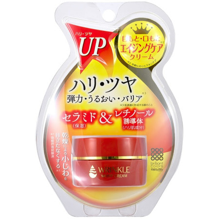 MEISHOKU «Wrinkle Cream» Лифтинг-крем для области глаз и губ с церамидами, 30 г. MEISHOKU «Wrinkle Cream» Лифтинг-крем для области глаз и губ с церамидами, 30 г.АНТИВОЗРОСТНОЙ УХОД (ОТ З0-ТИ ЛЕТ И СТАРШЕ)<br>Крем предназначен для сохранения красоты и молодости при первых признаках старения кожи. Рекомендуется для ухода за кожей вокруг глаз и губ после 40 лет. Делает менее заметными морщинки, вызванные сухостью кожи. Активные компоненты: <br><br>Церамиды образуют липидный барьерный слой, что увеличивает уровень увлажнения и препятствуют обезвоживанию.<br>Витамин А (ретинола пальмитат) активизирует процессы регенерации и обмена веществ в клетках кожи, устраняя причину потери кожей упругости и эластичности.<br>Коллаген и гиалуроновая кислота поддерживают оптимальный уровень влаги в клетках кожи, повышая упругость и эластичность.<br><br>Не содержит искусственных красителей, парфюмерных отдушек, имеет слабую кислотность. Способ применения: после применения лосьона нанести кончиками пальцев следующим образом: <br><br>От наружных уголков глаз к внешним уголкам глаз по направлению к вискам.<br>Вдоль носогубных складок по направлению к скулам, захватывая участки щёк и скуловых дуг.<br><br>Рекомендуется применять утром и вечером. Состав: вода, глицерин, минеральное масло, BG, диметикон, церамиды 1, церамиды 3, церамиды 6, ретинола пальмитат, гидролизованный коллаген, ацетил гиалуронат натрия, экстракт маточного молочка, экстракт листьев алоэ вера, фитосфингозин, холестерол, гидрогенизированное касторовое масло PEG-40, лауроил лактилат натрия, акрилат /С10-30 алкил акрилат кросс-полимер, карбомер, ксантановая камедь, полиакрилат натрия, гидроксид натрия, EDTA-2Na, метилпарабен, пропилпарабен, феноксиэтанол, токоферола ацетат, оксид железа, оксид титана, слюда, бензофенон-4, BHT.<br>