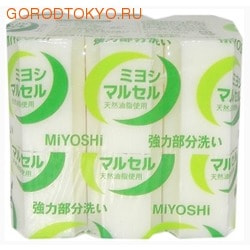 MIYOSHI Мыло для точечного застирывания стойких загрязнений, 140г * 3 шт. MIYOSHI Мыло для точечного застирывания стойких загрязнений, 140г * 3 шт.Мыло для стирки<br>Описание: Мыло предназначено специально для точечного застирывания стойких загрязнений. Отличается высокими отстирывающими свойствами , удаляет стойкие запахи, следы желтизны за счёт наличия в составе щелочных компонентов (солей кремниевой кислоты), легко справляется с такими загрязнениями, как грязь, жир, машинное масло. Твердое, без красителей, со слабо выраженным ароматом. Меры предосторожности: Используйте строго по назначению. Не для стирки шёлка и шерсти. Людям с повышенной чувствительностью кожи, а также при длительном контакте кожи рук с водой рекомендуется использовать резиновые перчатки. Избегайте попадания в глаза мыльного раствора, при попадании немедленно промойте глаза водой. После использования храните мыло в сухом месте. Состав: чистая (без примесей) мыльная основа (натриевая соль с содержанием жирных кислот 78%), щелочные компоненты (силикаты).<br>
