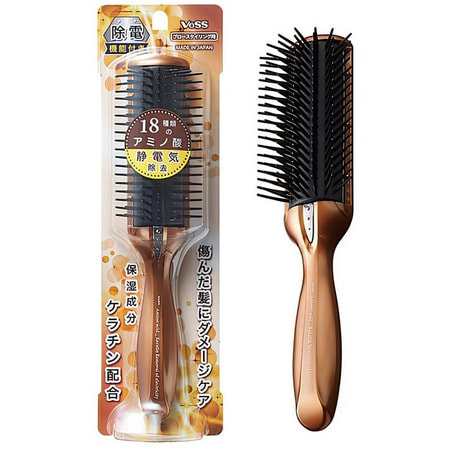 VESS «Anti-Static Hair Brush» Щётка массажная с кератином и антистатическим эффектом. VESS «Anti-Static Hair Brush» Щётка массажная с кератином и антистатическим эффектом.РАСЧЕСКИ И ЩЕТКИ<br>Щетка нейтрализует статическое электричество, облегчая расчёсывание и уменьшая повреждение волос за счёт тройного антистатического эффекта. Накоплению статического электричества особенно подвержены пересушенные горячим воздухом фена, окрашенные и после химической завивки волосы, склонные к ломкости и потере влаги. Это приводит к повреждениям кутикулы волоса, в результате чего теряются необходимые вода, липиды, белки. Расческа обладает тройным антистатическим эффектом: зубцы из полиэстера-проводника проводят электрические заряды, уменьшая статическое электричество при расчёсывании; cпециальный материал, так называемый nasulon, расположенный сразу под верхней частью расчёски с зубцами, за счёт собственных зарядов полностью нейтрализует статическое электричество; металлическая вставка из нержавеющей стали на корпусе расчёски выпускает электрические заряды наружу. Шетка содержит в микрокапсулированном виде основной компонент структуры волоса ; кератин. Из-за нехватки кератина волосы теряют свою способность удерживать влагу, что является основной причиной их повреждений (волосяные чешуйки отслаиваются, волосы выпадают при расчесывании и во время мытья). Кератин, полученный из природных белков (шерсть овцы) близок по составу к белкам человеческих волос и является отличным компонентом по уходу за ними. Особенностью кератина также является большое содержание цистина ; аминокислоты, поддерживающей формирование структуры белков. Состав: основной корпус-держатель с ручкой - AS-древесная смола; зубцы - электропроводимый полиэстер, микрокапсулированный кератин; заземление - нержавеющая сталь.<br>