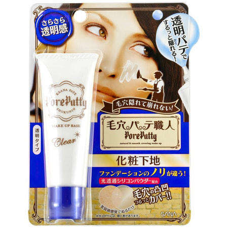 SANA PORE PUTTY MAKE UP BASE CLEAR / Выравнивающая база под макияж, 25 гр. SANA PORE PUTTY MAKE UP BASE CLEAR / Выравнивающая база под макияж, 25 гр.ДЕКОРАТИВНАЯ КОСМЕТИКА<br>Лёгкая, прозрачная, но в то же время эластичная по текстуре база под макияж обладает высокими защитными свойствами, обеспечивая коже естественное увлажнение. Содержит кроссполимер, который заполняет неровности кожи (расширенные поры, мимические морщины, шрамы), выравнивая поверхность кожи. База обладает матирующим действием. Не изменяя естественный цвет лица, делает вашу кожу ровной и сияющей <br> Способ применения: увлажните кожу лосьоном или молочком, нанесите средство величиной с рисовое зерно, распределите на все лицо или на проблемные участки кожи. Затем воспользуйтесь пудрой. Состав: циклометикон, диметикон, кроссполимер (винилдиметикон / метикон), кроссполимер (диметикон / винилдиметикон), кроссполимер (HDI / триметилогексилактон), двуокись кремния, кроссполимер(ПЕГ-10/15), вода.<br>