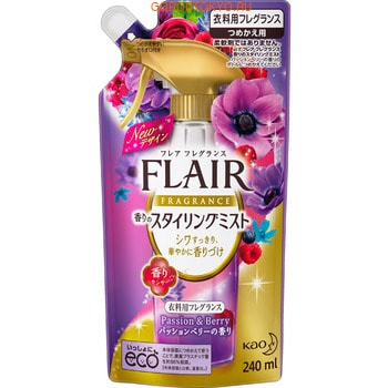 KAO Flair Fragrance Mist - Passion & Berry Спрей-кондиционер для белья с ароматом свежих ягодок и цветов, сменная упаковка, 240 мл. KAO Flair Fragrance Mist - Passion & Berry Спрей-кондиционер для белья с ароматом свежих ягодок и цветов, сменная упаковка, 240 мл.Антистатики для одежды. Уход за одеждой и обувью<br>Средство первой помощи в борьбе со складками и неприятным запахом на одежде. Простое в применении, средство в считанный срок вернет вашей одежде опрятный вид и свежий аромат. Подходит для разных типов изделий, а также для шляп. Содержит дезинфицирующие агенты, предотвращающие размножение бактерий. Снимает статическое электричество. Средство позволит реже стирать одежду, благодаря чему любимые вещи прослужат дольше! Придает белью аромат вкусных сладких ягод, который раскрывается при каждом движении. Эффективно расправляет волокна ткани и уменьшает количество складок на одежде. Обладает антибактериальным эффектом и защищает от появления неприятного запаха. Не оставляет следов на одежде, быстро впитывается.<br> Способ применения: поверните наконечник распылителя в состояние ON, нажмите на рычаг. Распыляйте средство на одежду с расстояния 10-20 см таким образом, чтобы она стала слегка влажной. Дайте одежде высохнуть. Состав: вода, лимонная кислота, этиловый спирт, полиоксиалкиленовый алкил эфир, полиоксиэтилен алкил эфир, диалкил диметил солей аммония, алкил глицерил эфир, отдушка.<br>