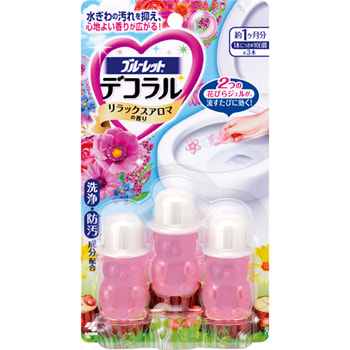 KOBAYASHI Relax Aroma Гель для унитаза очищающий, 3 шт. по 7,5 гр. KOBAYASHI Relax Aroma Гель для унитаза очищающий, 3 шт. по 7,5 гр.Для туалета<br>Гель превосходно очищает унитаз при каждом сливе и препятствует повторному загрязнению. Не окрашивает воду и предупреждает образование разводов и ржавчины. Благодаря специальной конструкции пробки флакона (внутри имеется 5 ножек, которые создают пробелы на поверхности), при выдавливании геля образуется цветок. Достаточно украсить поверхность унитаза лепестками и расслабляющий цветочный аромат наполнит туалетную комнату. При контакте с водой активные компоненты действуют быстро и эффективно, надолго сохраняя чистоту. Средство предназначено для керамических поверхностей. <br> Способ применения: <br> Гель рекомендуется наносить в двух местах ; с правой и левой стороны внутри унитаза. <br><br><br> Открутите колпачек и прислоните кончик флакона перпендикулярно ровной поверхности внутри унитаза. <br><br><br> Крепко сожмите нижнюю часть флакона (туловище мишки) и выдавите примерно половину содержимого. Не отрывайте кончик флакона пока не образуется цветок. <br><br><br> Аккуратно уберите флакон не меняя его положения. Соблюдайте осторожность, чтобы не повредить получившийся цветок. <br><br><br> Для получения второго цветка сожмите верхнюю часть флакона ( голова) мишки. <br><br><br> Если во флаконе осталось много средства, сделайте в унитазе еще один цветок. Открытый флакон используйте полностью. <br><br><br> По истечению 2-ух недель с начала применения, уберите остатки туалетной щеткой, используя гель в качестве средства для чистки туалета. <br> Внимание при использовании: используйте строго по назначению. Для повышения эффективности использования, наносите средство после очистки унитаза. Не располагайте вблизи отверстия слива воды. Если использование средства препятствует правильному сливу или вызывает брызги, а также, если остатки средства затвердели, аккуратно удалите гель туалетной щеткой. Не используйте в унитазах из других материалов, кроме керамики. <br> Срок использования: 1 упаковки (3 флакона) хватает примерно на 1 месяц использования. <br> 1 флакона (2 цветка) хватает примерно на 10 дней. <br> Срок использования может незначительно отличаться от указанного в зависимости от температурных условий (воздух и вода) и частоты сливов. <br> Состав: более 30% - вода, от 5 до 15% - полиоксиэтилен-полиоксипропилен блок сополимер, кокамидопропилбетаин, отдушка; менее 5% - глтцерол этоксилат, 2-(3,5-ди-терт-пентил-2-гидроксифенил)-2Н-бензотриазол, 3-йодо-2-пропинил N-БутилкарбаматЮ краситель красный 5, краситель.<br>